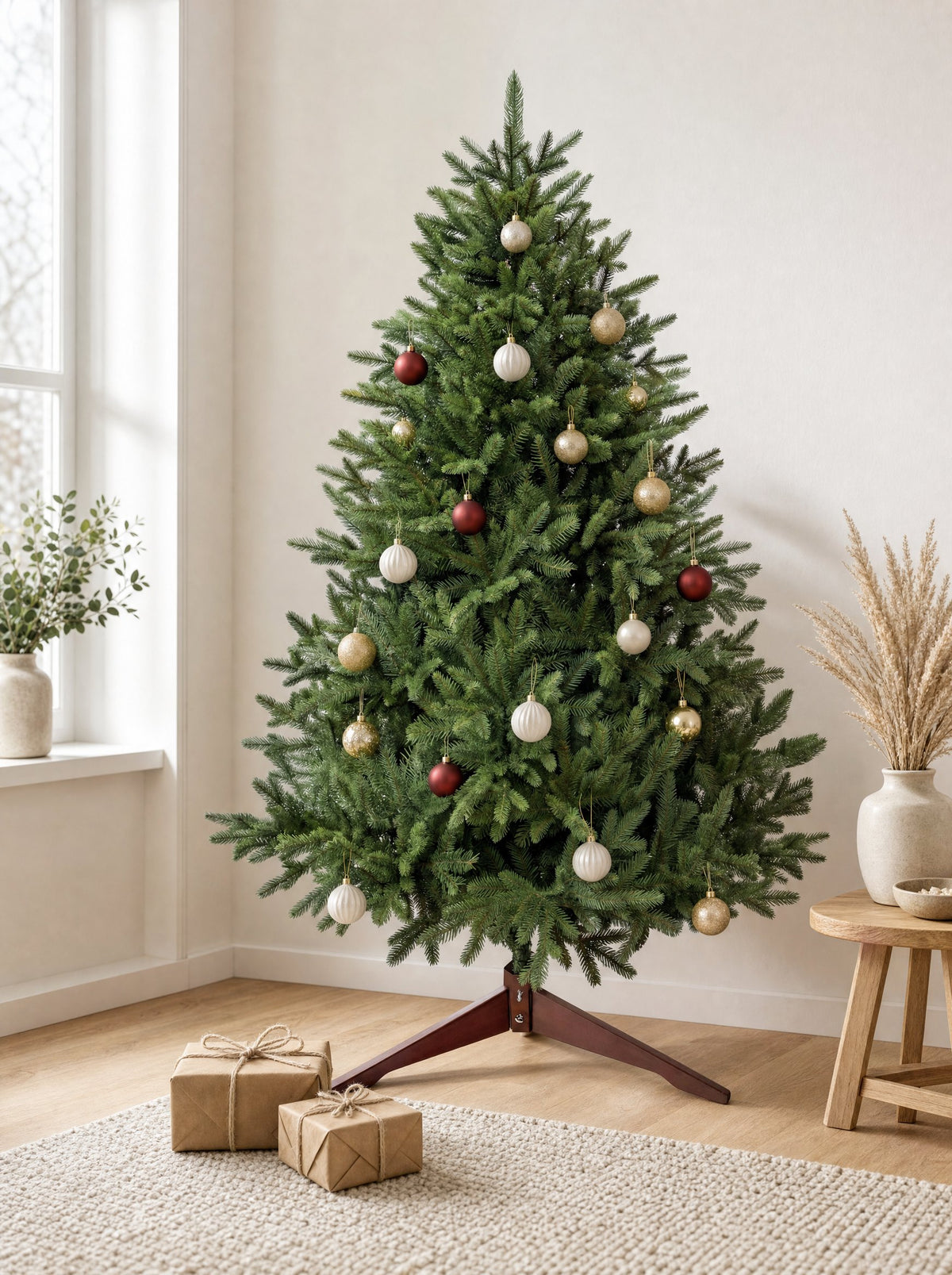 Weihnachtsbaum aus PE-Spritzguss mit Holzständer, dezent geschmückt, in einem hellen Raum bei Tageslicht