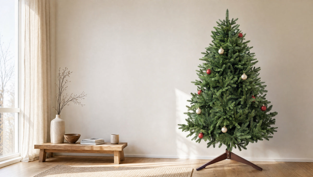 Künstlicher Weihnachtsbaum aus PE-Spritzguss im hellen Wohnzimmer